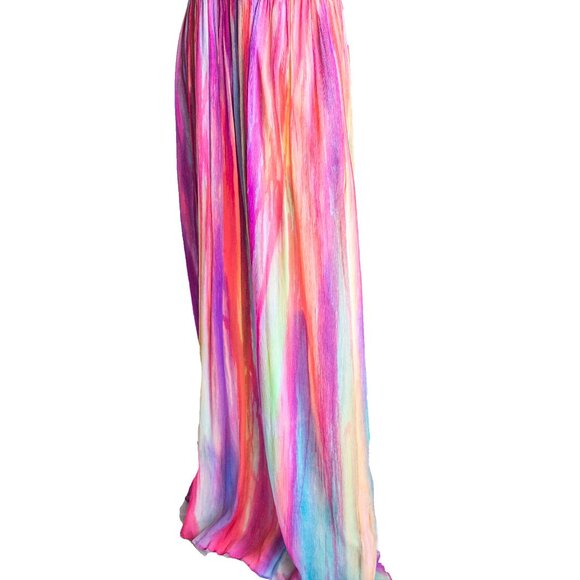NEW silk halter long maxi dress painted rainbow pink 12 wedding party prom beach - Picture 12 of 13